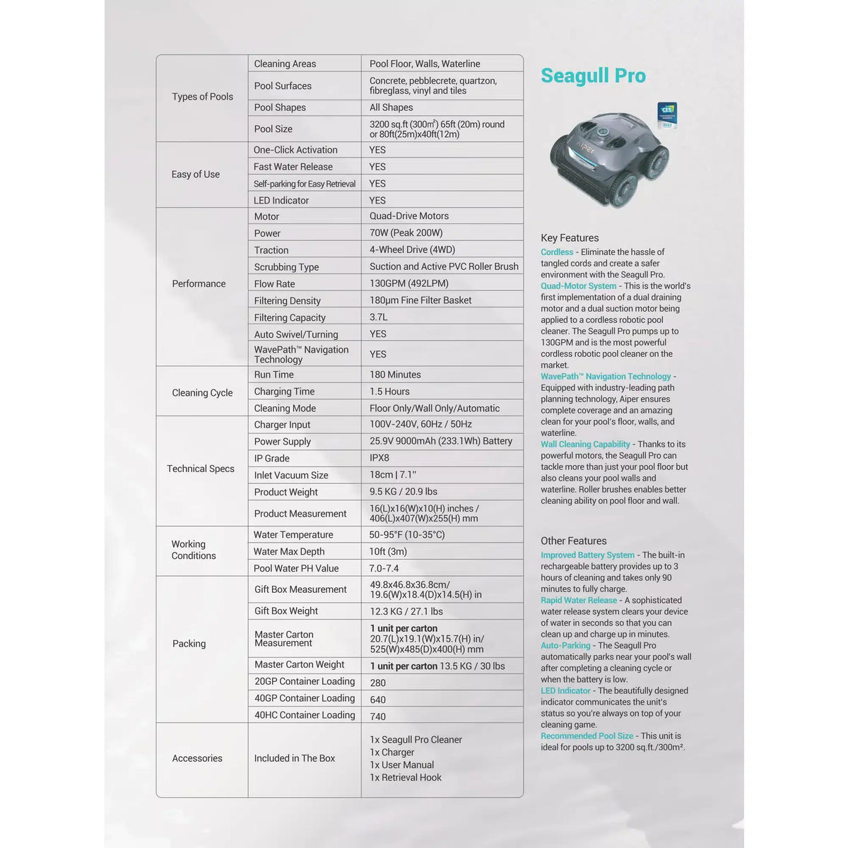 Fast Charging Version Aiper Seagull Pro Robotic Pool Vacuum Cleaner