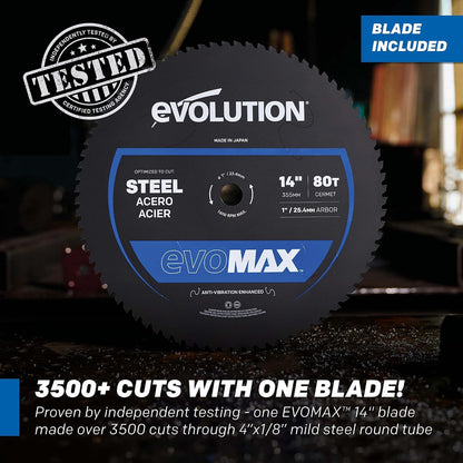 Evolution S14MCS 14" Mitering Chop Saw | Cold Cut Steel Saw | EVOMAX Intelligent Motor & Blade | 3500+ Blade Life | Burr-Free Finish | Shadow Guide | +/-46° Miter | Soft Start | Reinforced Base